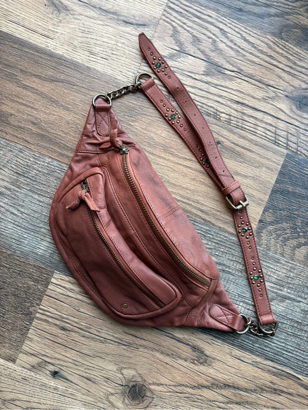 Free People Rust Brown Leather Belt Bag with Studded Strap
